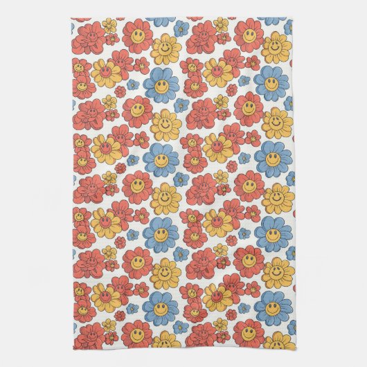 Retro Happy Face Florals Theedoek (Verticaal)