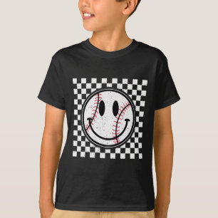 Retro Happy Face Game Dag Baseball Patroon Glimlac T-shirt