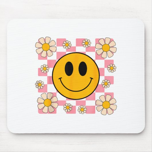 Retro Happy Face T-shirt Geruite Patroon Smile Fac Muismat (Voorkant)