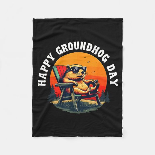 Retro Happy Groundhog Day Funny Ground Hog Sunset Fleece Deken (Voorkant)