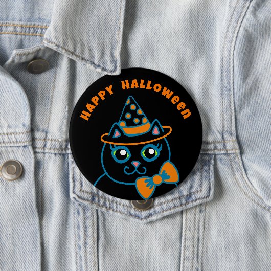 Retro Happy Halloween Black Cat Button (In situ)