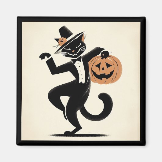 Retro Happy Halloween Dancing Black Cat Magnet (Voorkant)