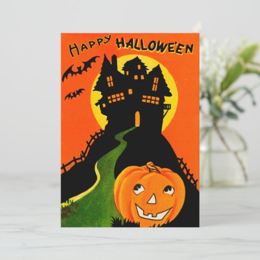 Retro  Happy Halloween Haunted House Kaart (Staand voorkant)