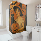 /retro Happy Halloween heks, poes, pompoen Douchegordijn (In situ)