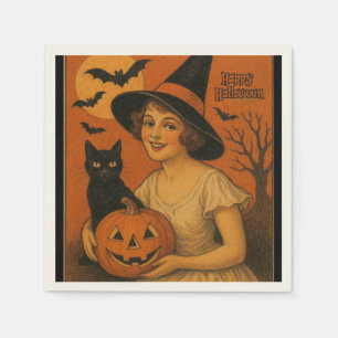 /retro Happy Halloween heks, poes, pompoen Servet