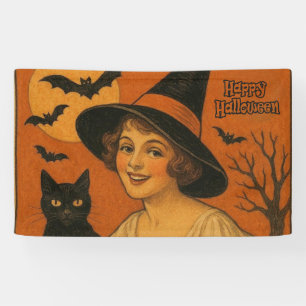 /retro Happy Halloween heks, poes, pompoen Spandoek