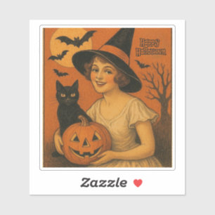 /retro Happy Halloween heks, poes, pompoen Sticker