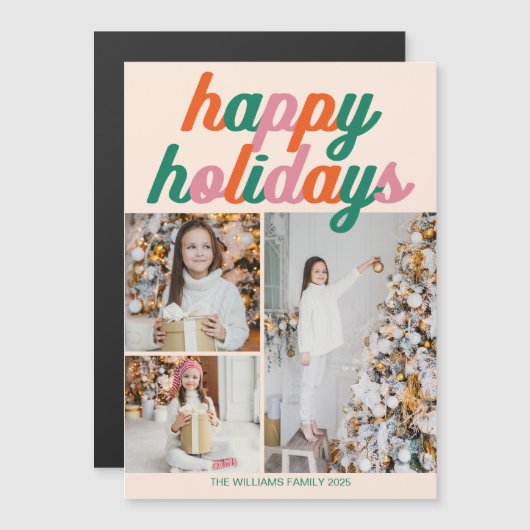 Retro Happy Holidays 3 Photo Collage Magnet Card (Voorkant / Achterkant)