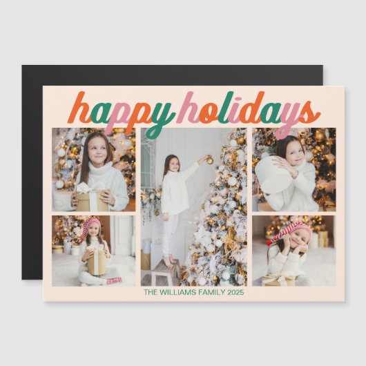 Retro Happy Holidays 5 Photo Collage Magnet Card (Voorkant / Achterkant)