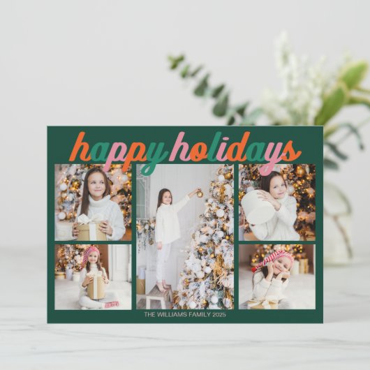 Retro Happy Holidays Cute Green Photo Collage Feestdagenkaart (Staand voorkant)