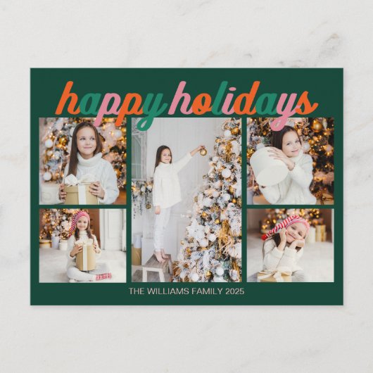 Retro Happy Holidays Cute Green Photo Collage Feestdagenkaart (Voorkant)