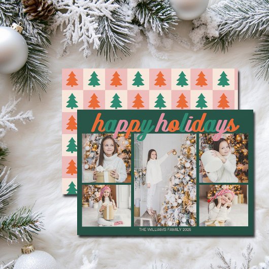 Retro Happy Holidays Cute Green Photo Collage Feestdagenkaart