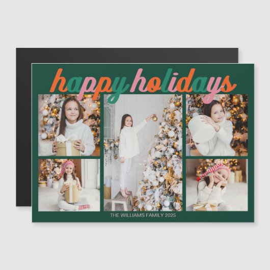 Retro Happy Holidays Cute Green Photo Magnet Card (Voorkant / Achterkant)