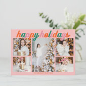 Retro Happy Holidays Pink Photo Collage Feestdagenkaart (Staand voorkant)