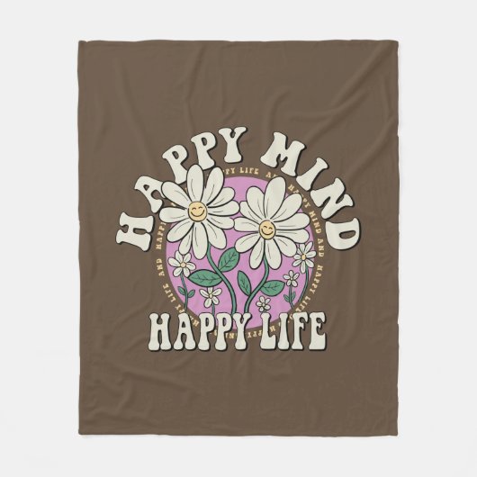 Retro Happy Mind Happy Life Fleece Deken (Voorkant)