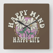Retro Happy Mind Happy Life Vierkante Klok (Voorkant)