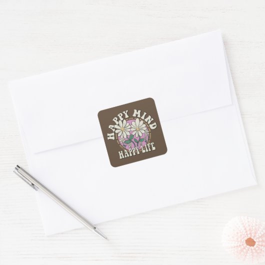 Retro Happy Mind Happy Life Vierkante Sticker (Envelop)