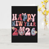 Retro Happy New Year 2026 Coquette Bow Disco Ball  Kaart (Gele Bloem)