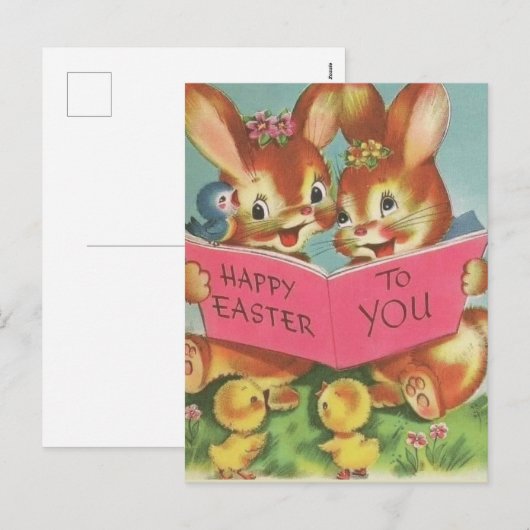  Retro Happy PaasBunnies en Chicken Feestdagenkaart (Voorkant / Achterkant)