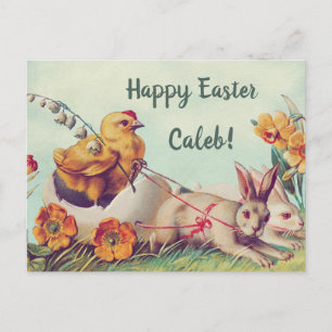  Retro Happy Paast Bunny Rabbits en Chick Briefkaart