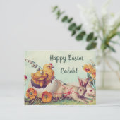 Retro Happy Paast Bunny Rabbits en Chick Briefkaart (Staand voorkant)