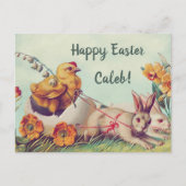  Retro Happy Paast Bunny Rabbits en Chick Briefkaart (Voorkant)
