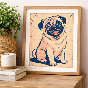 Retro Happy Pug Hond Comic Stijl Kunst Poster