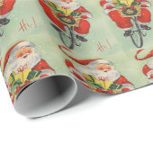 Retro Happy Santa Claus Riding a Bike Cadeaupapier (Rol Hoek)