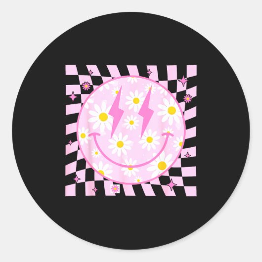 Retro Happy Smile Face Checkered Pattern Nk Daisy  Ronde Sticker (Voorkant)
