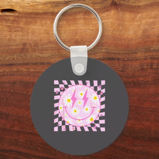Retro Happy Smile Face Checkered Pattern Nk Daisy  Sleutelhanger (Voorkant)