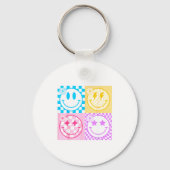 Retro Happy Smile Face Checkered Pattern Vibes Tre Sleutelhanger (Voorkant)