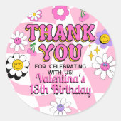 Retro Happy Smile Face Roze Geruit Bedankt Ronde Sticker (Voorkant)