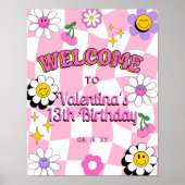 Retro Happy Smile Face Roze Geruit Welkom Poster (Voorkant)