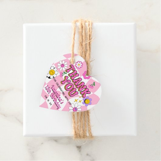 Retro Happy Smile Face Roze geruite leuke verjaard Bedankjes Labels (In situ)