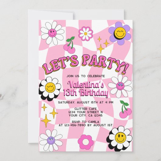 Retro Happy Smile Face Roze geruite leuke verjaard Kaart (Voorkant)