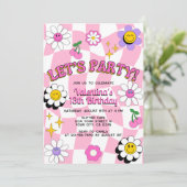 Retro Happy Smile Face Roze geruite leuke verjaard Kaart (Staand voorkant)