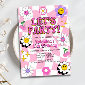 Retro Happy Smile Face Roze geruite verjaardag Kaart