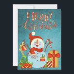 Retro Happy Snowman Merry-kerstfoto Feestdagenkaart<br><div class="desc">Een heel gelukkige sneeuwman met een helder omhuld cadeaupakket aan zijn kant wenst iedereen een prettige kerst op de voorkant van deze Holiday-fotosjabloonkaart. De sneeuwman draagt een kersthoed en een rode sjaal, en houdt een snoepriet vast. De heldere afbeeldingen worden geplaatst op een blauwgroen achtergrond van de gradiënt. De rug...</div>