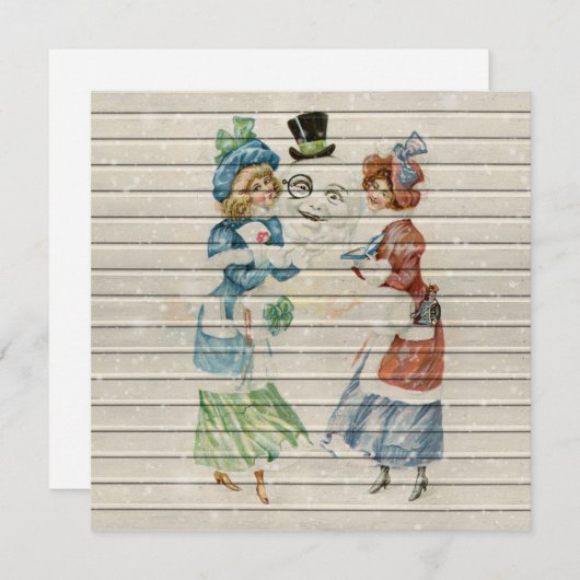 Retro |  Happy Snowman met dames Feestdagenkaart (Voorkant / Achterkant)