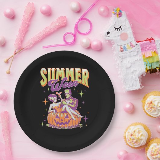 Retro Happy Summerween Funny Frankenstein Monster  Papieren Bordje (Feest)