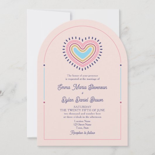 Retro Hart Boog Huwelijksuitnodiging met QR Kaart (Voorkant)