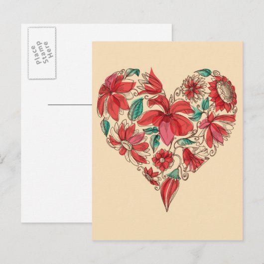 Retro hart van bloemen liefdessymbool briefkaart (Voorkant / Achterkant)