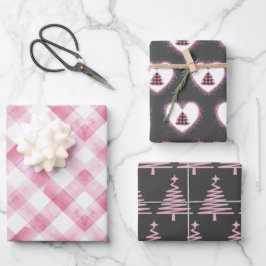 Retro Harten Kerstboom Roze en Grijs Inpakpapier Vel