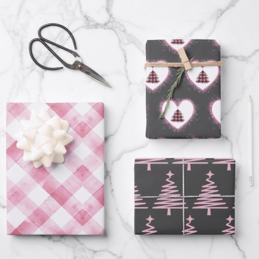  Retro Harten Kerstboom Roze en Grijs Inpakpapier Vel (Voorkant)