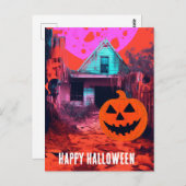Retro Haunted Halloween House Roze Sinaasappel Bla Briefkaart (Voorkant / Achterkant)