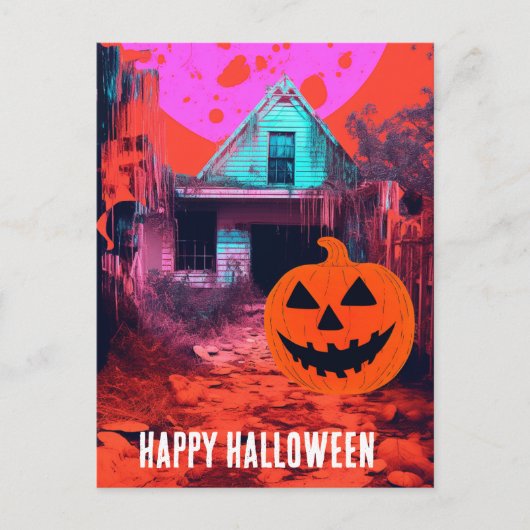 Retro Haunted Halloween House Roze Sinaasappel Bla Briefkaart (Voorkant)