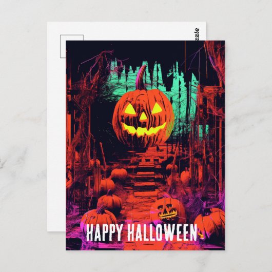 Retro Haunted Halloween Jack O Lanterns Briefkaart (Voorkant / Achterkant)