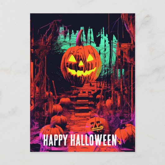 Retro Haunted Halloween Jack O Lanterns Briefkaart (Voorkant)