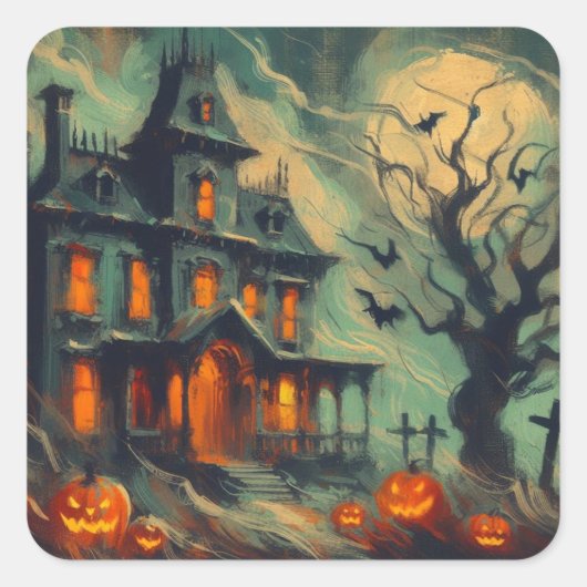 Retro Haunted House met Jack-o'-lantaarn Spooky Vierkante Sticker (Voorkant)