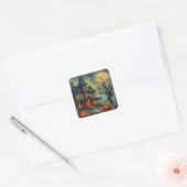 Retro Haunted House met Jack-o'-lantaarn Spooky Vierkante Sticker (Envelop)